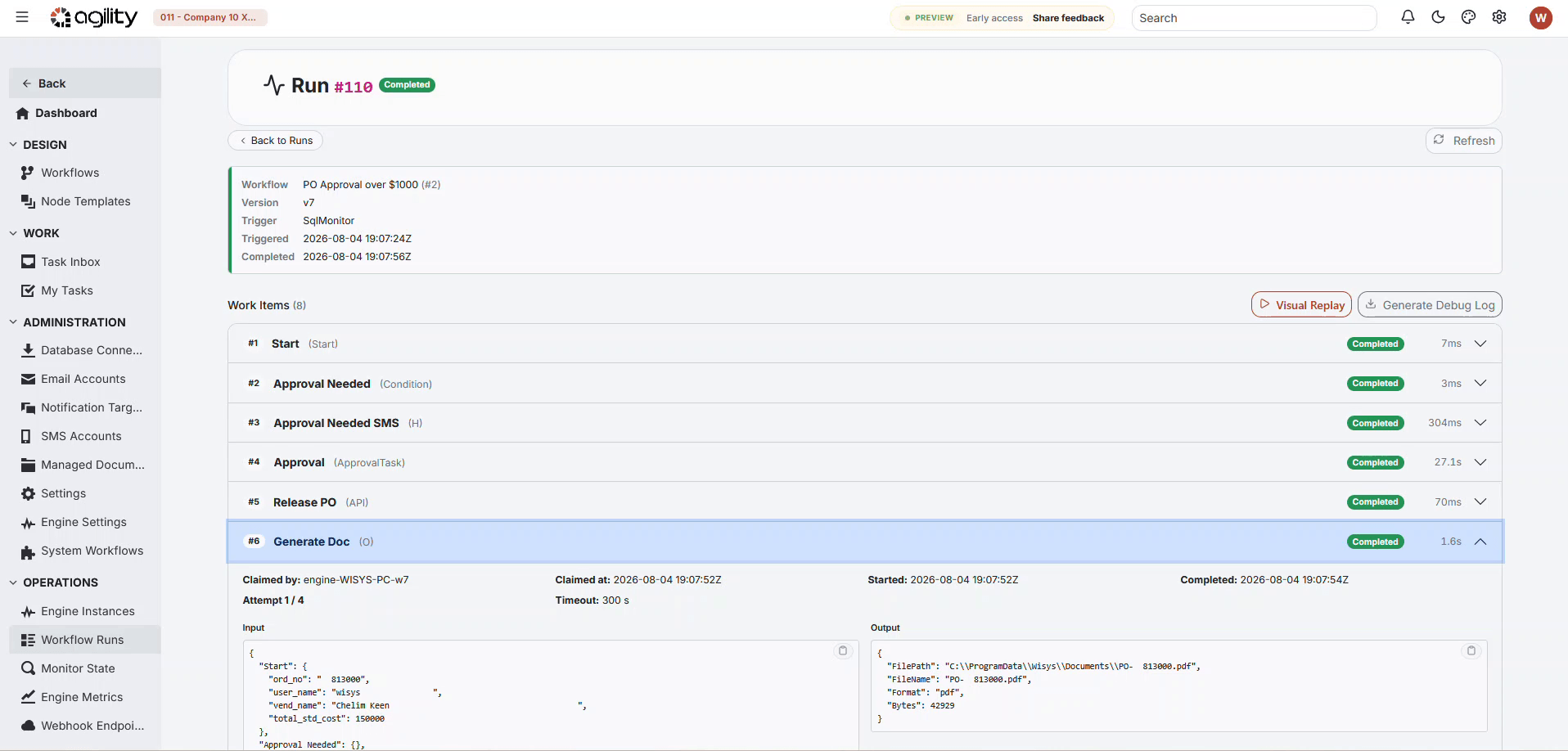 Completed workflow run detail showing each step's status, timing, and input/output data
