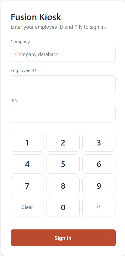 Fusion Kiosk sign-in screen with Employee ID, PIN, and numeric keypad